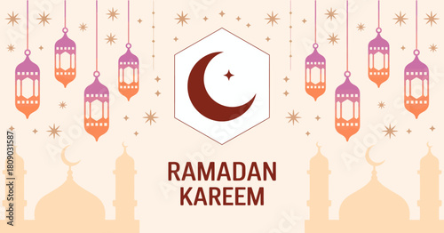 A festive design featuring a crescent moon and lanterns, symbolizing the holy month of Ramadan, perfect for celebrations and sharing warm wishes among the community.