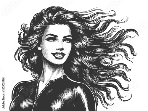 woman with wavy hair and zipped leather outfit sketch engraving generative ai fictional character vector illustration. Scratch board imitation. Black and white image.