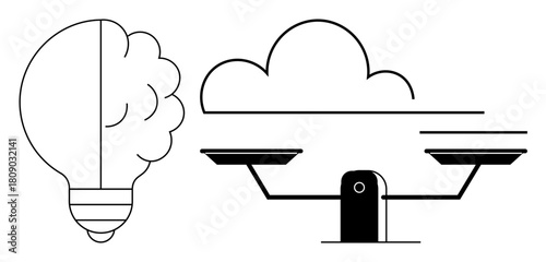 Light bulb symbolizes creativity cloud and scales represent balance. Ideal for sustainability, innovation, eco-consciousness, productivity, decision-making, energy-saving, problem-solving. Simple