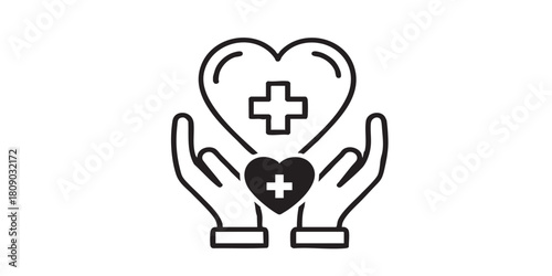 Heart with medical cross in hands solid icon, human rescue concept. Vector graphics. Medical plus on heart in hand palms sign on white background, glyph style icon for mobile or web design