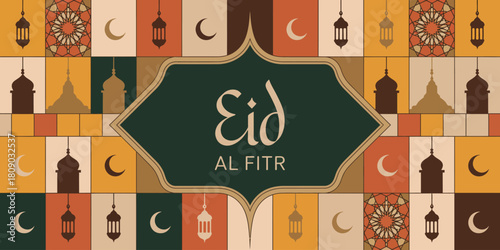 A vibrant decorative design for Eid Al Fitr featuring traditional motifs, colors, and Islamic architecture elements, embodying the joy and festive spirit of this special occasion.