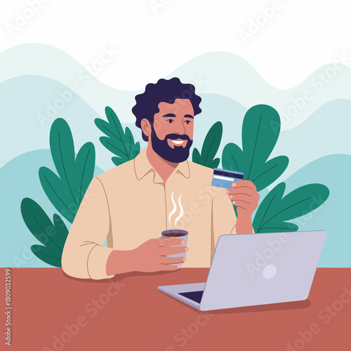 A joyful man holding a coffee cup and a credit card while seated at a desk with a laptop, illustrating the convenience of online shopping and the enjoyment of leisure time.