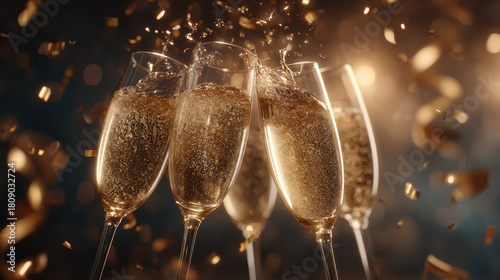 Champagne glass clink toast golden celebration bubbles festive confetti luxury
