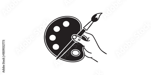 Palette with paintbrush in hand thin line icon, art therapy concept. Vector graphics. Painter hand with brush and palette sign on white background, style icon mobile or web desig