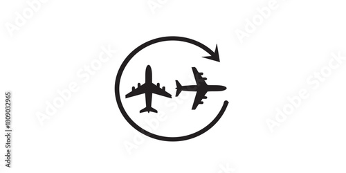 Airplanes and round trip thin line icon, traveler survey concept. Vector graphics. Airplane flight in two way, wayfinding sign on white background, style icon mobile or web desig