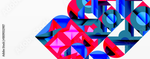 Abstract geometric shapes, vibrant colors, blue, pink, teal. Modern design, layered composition, dynamic visual impact.