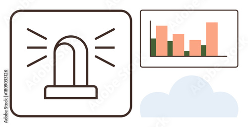 Alarm light with radiating signals, bar chart displaying data trends, and cloud icon. Ideal for alerts, monitoring, analytics, risk management, data analysis cloud services performance tracking. A