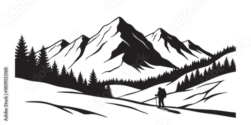 Forest and mountains with snow thin line icon, traveler survey concept. Vector graphics. Mountain landscape, hiking sign on white background, style icon mobile or web design