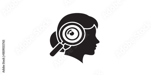 Woman with magnifier thin line icon, recruitment concept. Vector graphics. Young woman and magnifying glass, profile sign on white background, style icon mobile or web design
