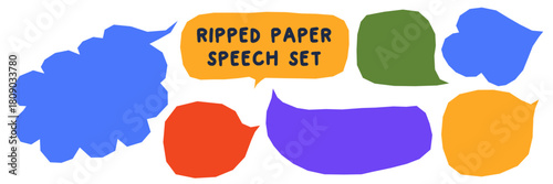 Abstract hand-drawn shapes resembling speech boxes and bubbles. Round paper textures add a unique childish charm. Ideal for text designs, badges, or collage art