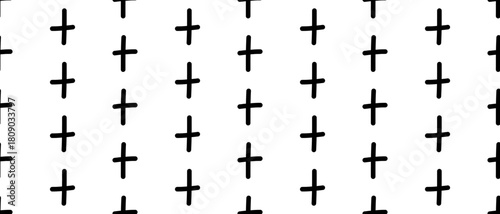 Abstract vector pattern with drawn medical crosses and plus signs. Minimal black and white background with geometric texture. Vector illustration on an isolated background.