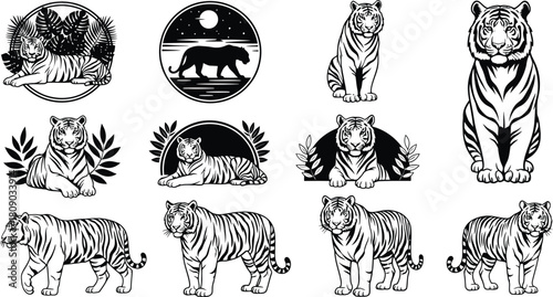 Collection of tiger and elephant silhouette vector illustrations