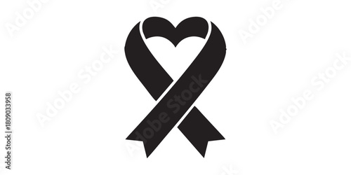 Heart shaped cancer ribbon solid icon, charity concept. Vector graphics. Cancer cure ribbon tape sign on white background, glyph style icon for mobile or web design.