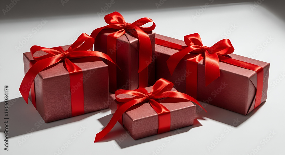 Obraz premium 3d icon of four red gift boxes with red ribbons and bows on a white surface, ready for a special occasion
