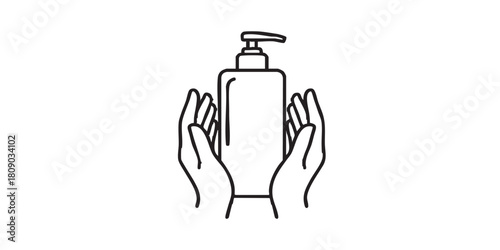 Shampoo bottle in hands thin line icon, skin hygiene concept. Vector graphics. Bathroom soap, body wash sign on white background, outline style icon for mobile or web design