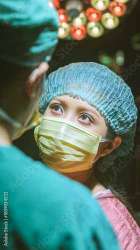 Asian male surgeon and nurse preparing for a complex operation, wearing protective masks, gloves and scrub attire. Bright operating room lights illuminate their faces. Vertical photo.