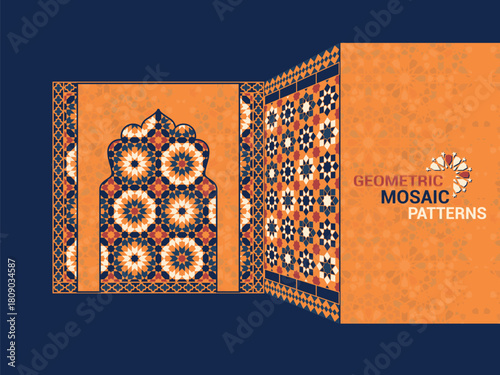 Islamic Arch Background with Moroccan Mosaic Tile Pattern - Arabesque Islamic Architecture Background with Zellige Texture.