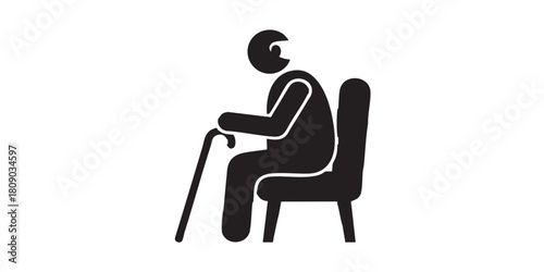 Grandfather seat on chair thin line icon, family therapy concept. Vector graphics. Pensioner, man with walking cane, elderly sign on white background, style icon mobile or web design