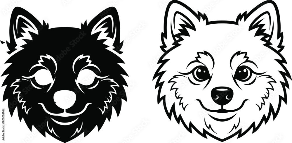 Obraz premium Two cartoon wolf faces black and white illustration