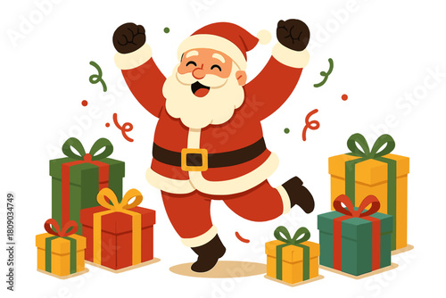 Santa's Joyful Dance. Santa performs a joyful dance, arms raised in celebration. He is surrounded by colorful gifts, each adorned with bright ribbons. The scene is. Vector illustration