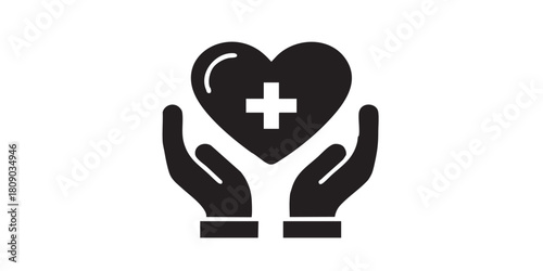 Heart with medical cross in hands solid icon, human rescue concept. Vector graphics. Medical plus on heart in hand palms sign on white background, glyph style icon for mobile or web design