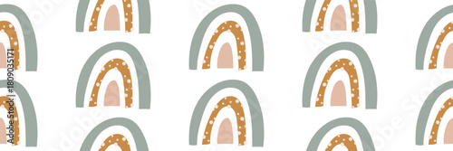 Seamless pattern with boho rainbows and dotted details. Cute minimalist vector design for kids room decor. Vector illustration on an isolated background.