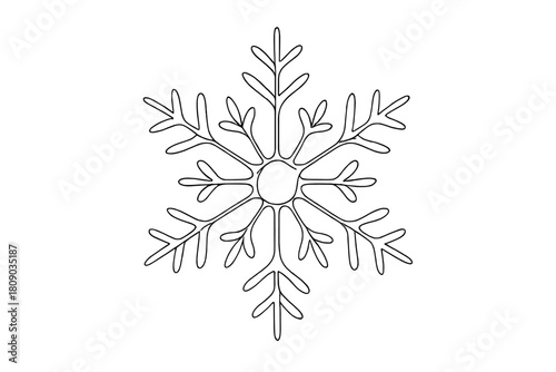 Intricate Snowflake Design. Continuous line drawing of a snowflake, intricately formed with symmetrical patterns. Positioned centrally, the snowflake appears. Vector illustration