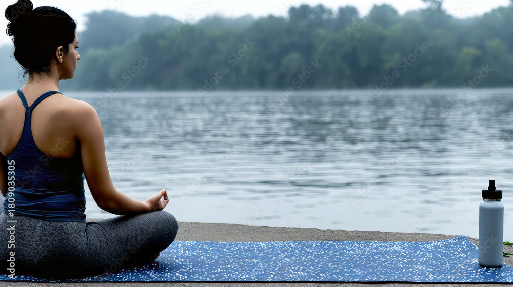Fototapeta premium Latina female meditates in lotus pose on a yoga mat by a lake background, early morning mist hovering, reflections in water. Cool fogs, stillness, perfect symmetry. Spiritual morning practice.