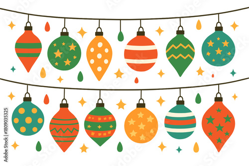 Colorful Christmas Ornaments. String of colorful Christmas ornaments hanging in two rows, each ornament uniquely shaped and patterned with stripes, polka dots, and. Vector illustration