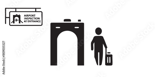 Detector and man with luggage thin line icon, traveler survey concept. Vector graphics. Airport inspection at entrance sign on white background, style icon mobile or web design
