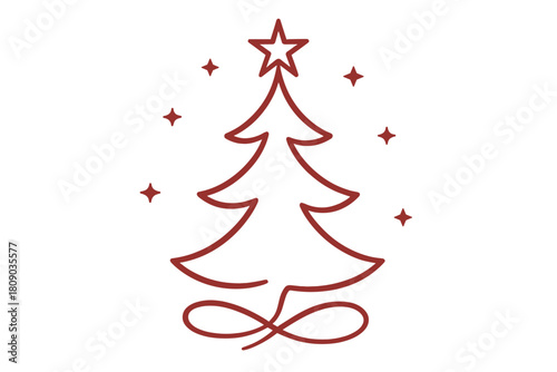 Minimalist Red Christmas Tree. Single red Christmas tree outlined with smooth curves and crowned with a star, surrounded by small red star accents. The minimalist. Vector illustration