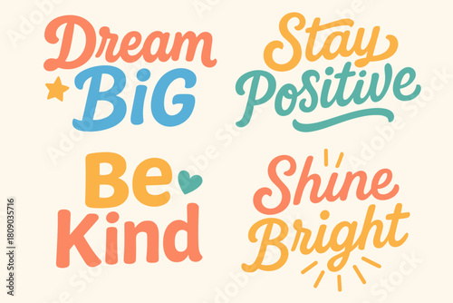Inspirational Typography Icons. Set of typographic icons featuring short inspirational phrases. Each icon showcases a unique color scheme and style, with playful. Vector illustration