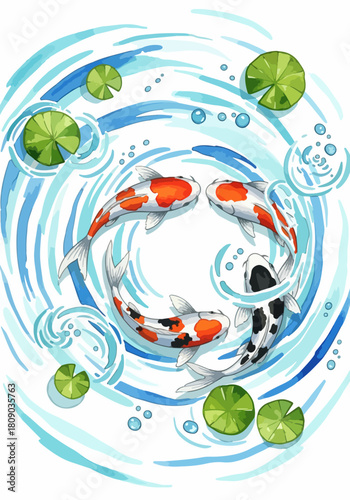 Koi Fish Watercolor Splash Circular Splatter of Harmony in a Pond