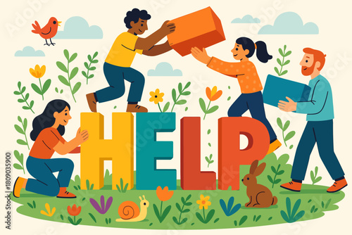 Teamwork in Garden. Vibrant illustration of people stacking blocks to form the word 'HELP', surrounded by small animals and plants. The scene is set in a lively. Vector illustration