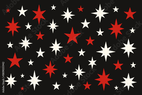 Starry Christmas Night. Stylized stars in red and white are scattered across a black canvas, creating a celestial pattern. These stars vary in size, providing a. Vector illustration