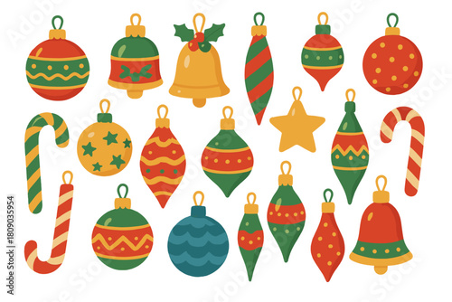 Festive Christmas Ornaments. Set of Christmas ornaments includes a variety of baubles, bells, and candy canes. Each ornament is uniquely designed with vibrant colors. Vector illustration