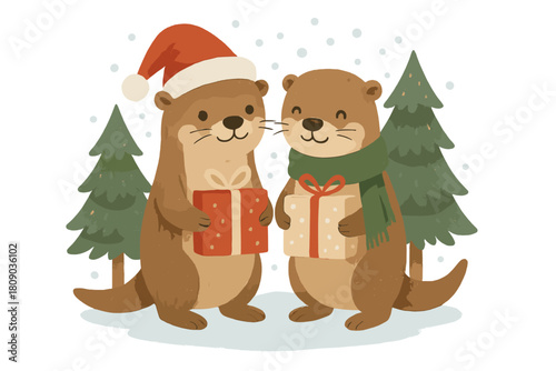Festive Otters Sharing Gifts. Two otters, one wearing a Santa hat and the other in a green scarf, stand closely together, surrounded by snow and evergreen trees.. Vector illustration