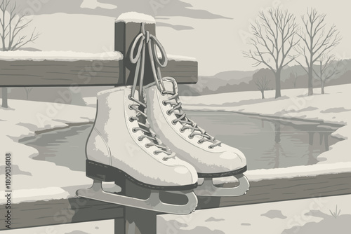 Winter Skates on Fence. Pair of ice skates hang from a wooden fence, frosted with snow. Nearby, a frozen pond reflects the pale winter sky. The setting is a peaceful. Vector illustration
