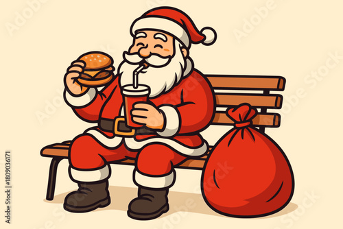 Santa's Festive Break. Santa Claus sits leisurely on a wooden park bench, enjoying a burger and drink. His red suit and bushy white beard are iconic, and a large red. Vector illustration