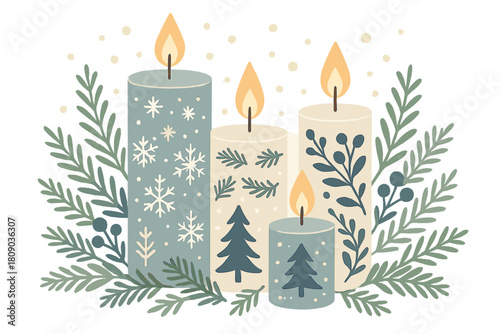 Festive Winter Candles. Decorative winter candles with themes of snow and evergreen foliage. Each candle is embellished with delicate patterns and festive motifs,. Vector illustration
