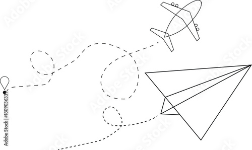 Airplane And Paper Plane Path Line Art For Travel Design And Creative Journey Illustration