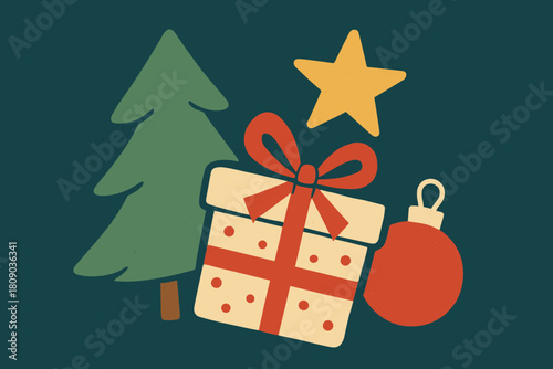 Festive Gift and Tree. Holiday composition featuring a wrapped gift box and a star, nestled beside a stylized green Christmas tree. A single round ornament adds. Vector illustration