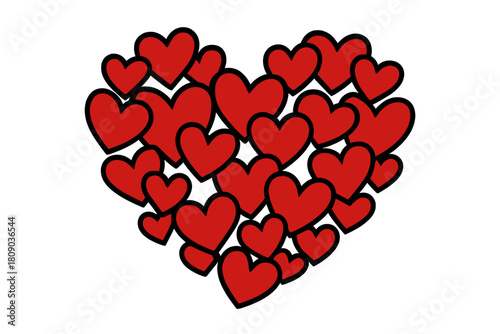 Heart of Hearts. Cluster of varying red hearts arranged to form a larger heart shape, symbolizing love and unity. The overlapping hearts create a dynamic composition. Vector illustration