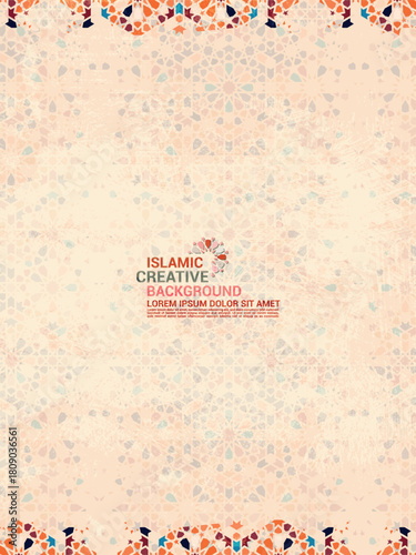 Minimal Islamic Abstract Background with Colorful Tile Borders - Modern Islamic Mosaic Frame Background for Graphic Design.