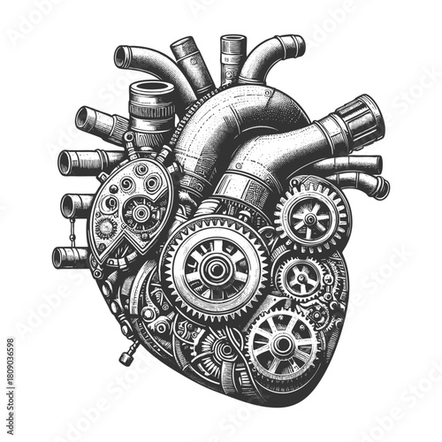 steampunk human heart constructed from gears, pipes, and mechanical components sketch engraving generative ai vector illustration. Scratch board imitation. Black and white image.