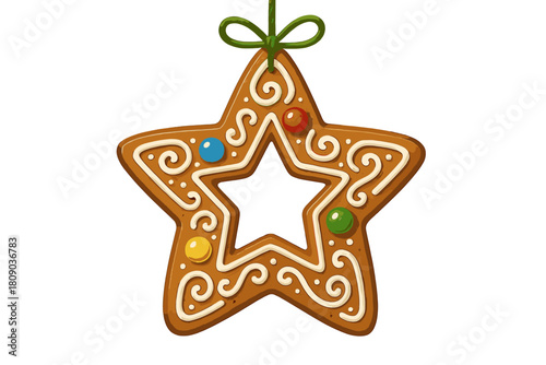 Gingerbread Star Ornament. Star-shaped gingerbread ornament with a hollow center, outlined in intricate icing patterns. Hanging from a green string, the star boasts. Vector illustration