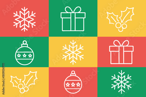Festive Holiday Icons. Collection of holiday icons featuring classic symbols like snowflakes, gift boxes, and holly, each rendered in clean, linear styles on. Vector illustration