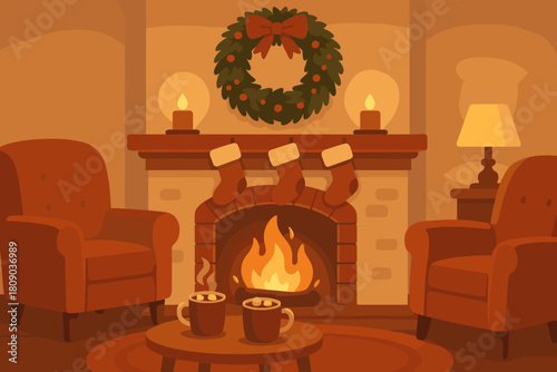 Cozy Christmas Hearth. Cozy home interior featuring a crackling fireplace, surrounded by plush armchairs. A Christmas wreath hangs above the mantel, and stockings. Vector illustration