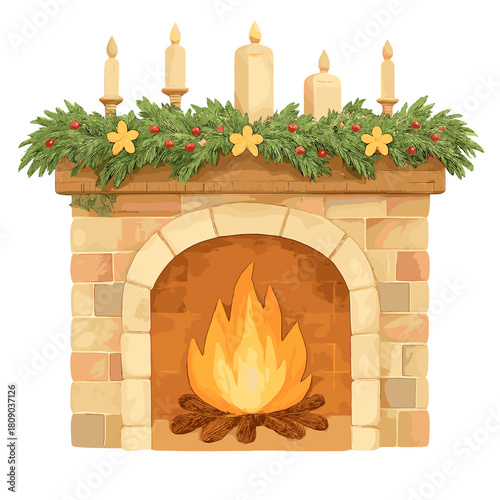 Cozy Fireplace Warmth. Cozy fireplace scene with a mantel decorated with garlands and candles. The warm glow of the fire creates a comforting holiday atmosphere,. Vector illustration