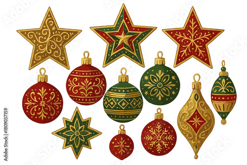 Festive Ornament Designs. Christmas star and bauble decorations, each with intricate patterns and shimmering accents. The set includes stars, spheres, and other. Vector illustration